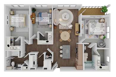 A 3D floor plan of a house with a primary bedroom, secondary bedroom, and living room.