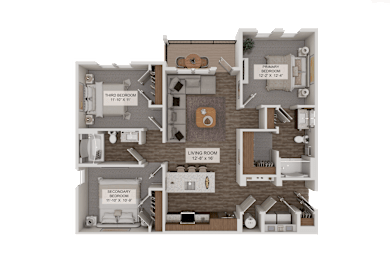 A 3D rendered image of a house layout with labeled rooms and dimensions.