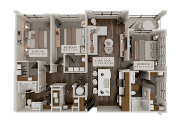 A 3D floor plan of a house showing the layout of the rooms.