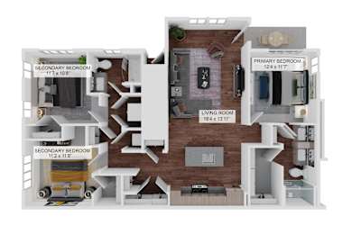 A diagram of a house layout with two bedrooms, a living room, and a kitchen.  at The Junction at Rockledge Apartments, Florida
