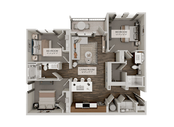 A detailed 3D floor plan of a two-bedroom apartment.