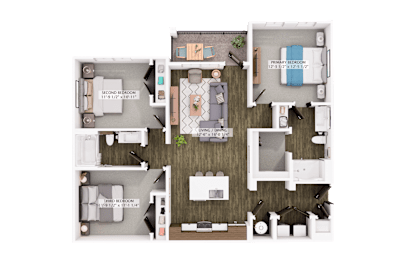Three bedroom apartment floor plan with open living area at The Logan Luxury Apartments, Idaho