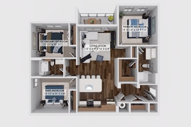 Three bedroom apartment 3D floor plan layout at The Maverick Luxury Apartments, Colorado