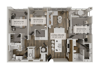 Three bedroom floor plan aerial view with modern furnishings at The Residences at The Gilmore Apartments, Gilbert, AZ 85297