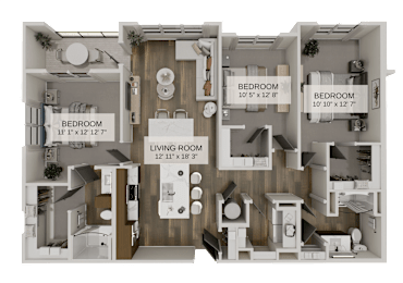 Three bedroom floor plan with open concept design at The Residences at The Gilmore Apartments, Gilbert, AZ
