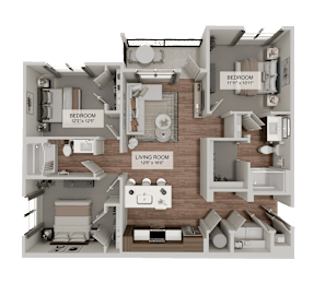 A 3D rendered image of a house layout with three bedrooms, a living room, and a kitchen.