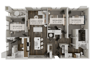 Three bedroom apartment floor plan with open living area at The Residences at The Gilmore Apartments, Gilbert, 85297