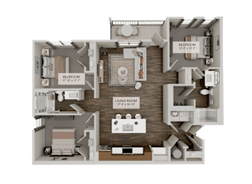 A 3D rendered image of a house layout with two bedrooms, a living room, and a kitchen.