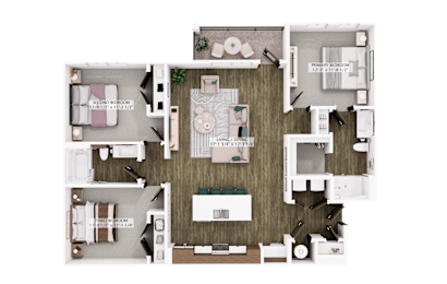 3D floor plan with three bedrooms and open living space at The Logan Luxury Apartments, Idaho, 83651