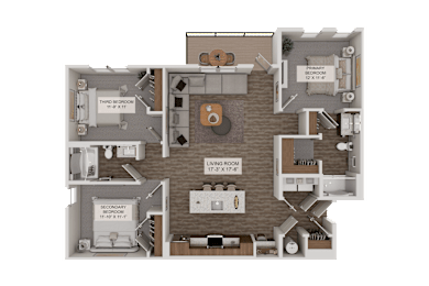A 3D rendered image of a house layout with labeled rooms.