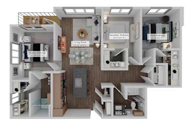A diagram of a house layout with living room, kitchen, and bedrooms.