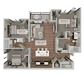 A 3D floor plan of a house showing a living room, two bedrooms, and a kitchen.