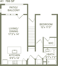 A1 - 1 Bedroom 1 Bath 786 Sq. Ft. Floor Plan at Canter, Ocala, FL, Florida, 34474