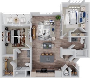 A 3D floor plan of a home showing a living room, two bedrooms, and a kitchen.