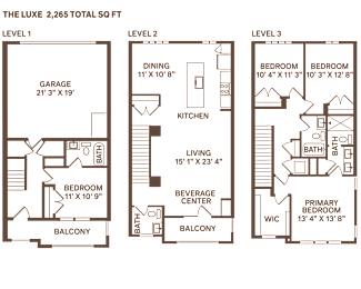 A floor plan for a three-level home with a total of 2,265 square feet at Meridian at CityPlace, Woodbury, MN 55125