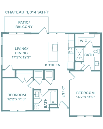A floor plan of a 1,014 square foot Chateau layout with a living/dining area, kitchen, two bedrooms, bathrooms, and a patio/balcony.