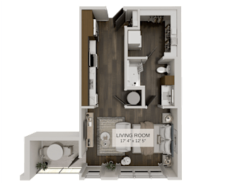 Studio floor plan with living room and bathroom at The Residences at The Gilmore Apartments, Arizona, 85297