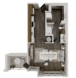 Studio apartment 3D floor plan with living room at The Residences at The Gilmore Apartments, Gilbert, AZ 85297