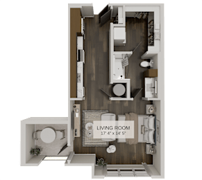 One bedroom floor plan with bathroom and balcony at The Residences at The Gilmore Apartments, Gilbert, AZ