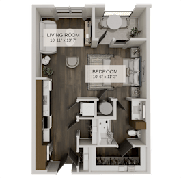 One bedroom floor plan with combined living dining areas at The Residences at The Gilmore Apartments, Gilbert, Arizona