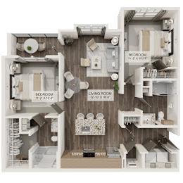 A 3D floor plan of a house showing two bedrooms, a living room, and a kitchen.