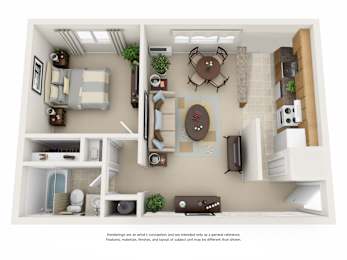 A 3D floor plan of a small apartment with a kitchen, living room, and bathroom.