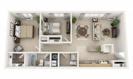 A 3D floor plan of a house with a living room, kitchen, and two bedrooms.