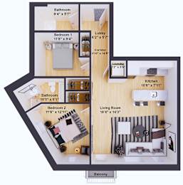 A floor plan of an apartment with a living room, two bedrooms, a bathroom, laundry, kitchen, and balcony.