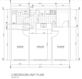 A black and white 2 bedroom unit plan with dimensions.