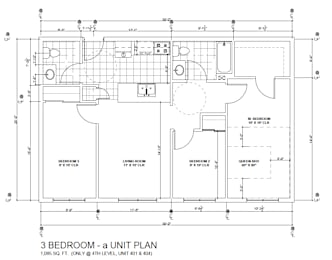 A floor plan of a 3 bedroom apartment with a living room and a kitchen.