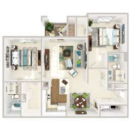2bed-2bath floor plan at The Retreat at Fuquay-Varina Apartments, Fuquay-Varina, North Carolina