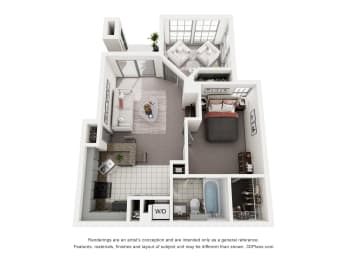 A2 1 Bad 1 Bath Floor Plan at The Grove at White Oak Apartments, The Barvin Group, Houston, TX