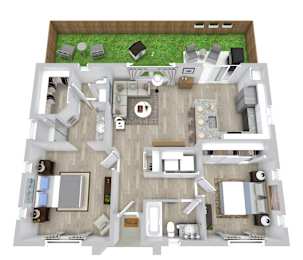 2 bed 2 bath floor plan at Avilla Rio Oaks  Apartments, Liberty Hill, TexasA 3D floor plan of a house with a living room, kitchen, and dining area.