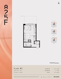A floor plan for a studio apartment with a bathroom is displayed.