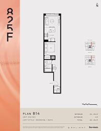 A floor plan for a loft style 1 bedroom, 1 bath unit is displayed.