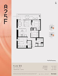 A floor plan for a 3 bedroom, 2 bath apartment is displayed.