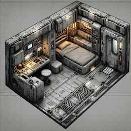 A detailed 3D rendering of a futuristic, metallic room with a bed, desk, and chair.