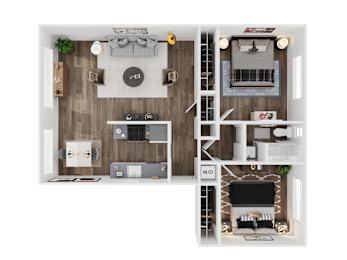 A top-down view of a living room, kitchen, and dining area.