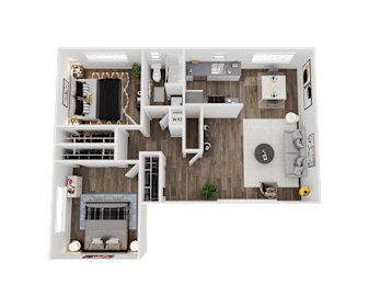 A top-down view of a living room, kitchen, and dining area.