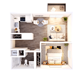 A top-down view of a cozy living room with a fireplace and a couch.
