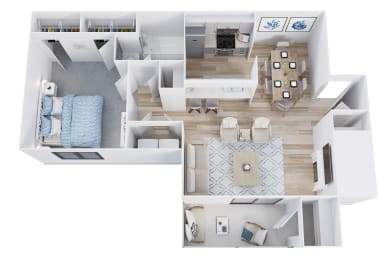 3D floor plan of one bedroom apartment at Waldan Pond Apartments, Acworth, GA 30102