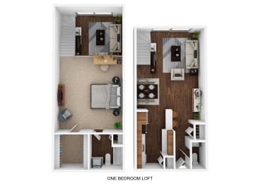 One bedroom loft 3D floor plan at Fox Run Apartments, St. Charles, IL