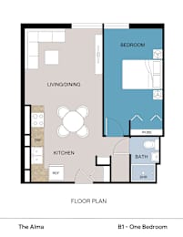 Floor Plan  A floor plan of a one bedroom apartment named The Alma.
