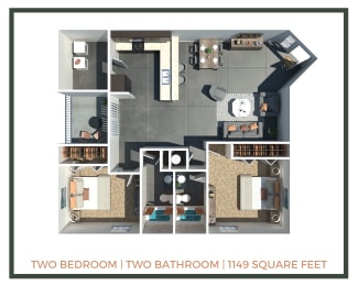 Floor Plan  Paces II | 2 Bed + 2 Bath |1149 Sq Ft