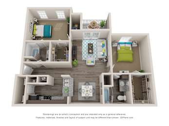 Floor Plan  A 3D floor plan of a house with a kitchen, living room, and bedrooms.