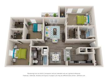 Floor Plan  A 3D floor plan of a house with a kitchen, living room, and bedrooms.