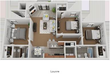 Floor Plan  A 3D floor plan of a house layout.
