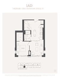 A floor plan of a 1AD apartment with a 1 bedroom, 1 den, and 1 bathroom.