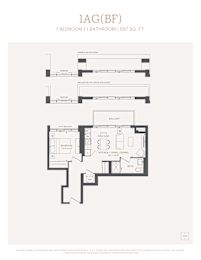 A floor plan for a 1 bedroom 1 bathroom apartment sized at 597 square feet.