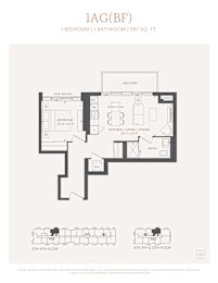A floor plan for a 1 bedroom 1 bathroom apartment sized at 597 square feet.